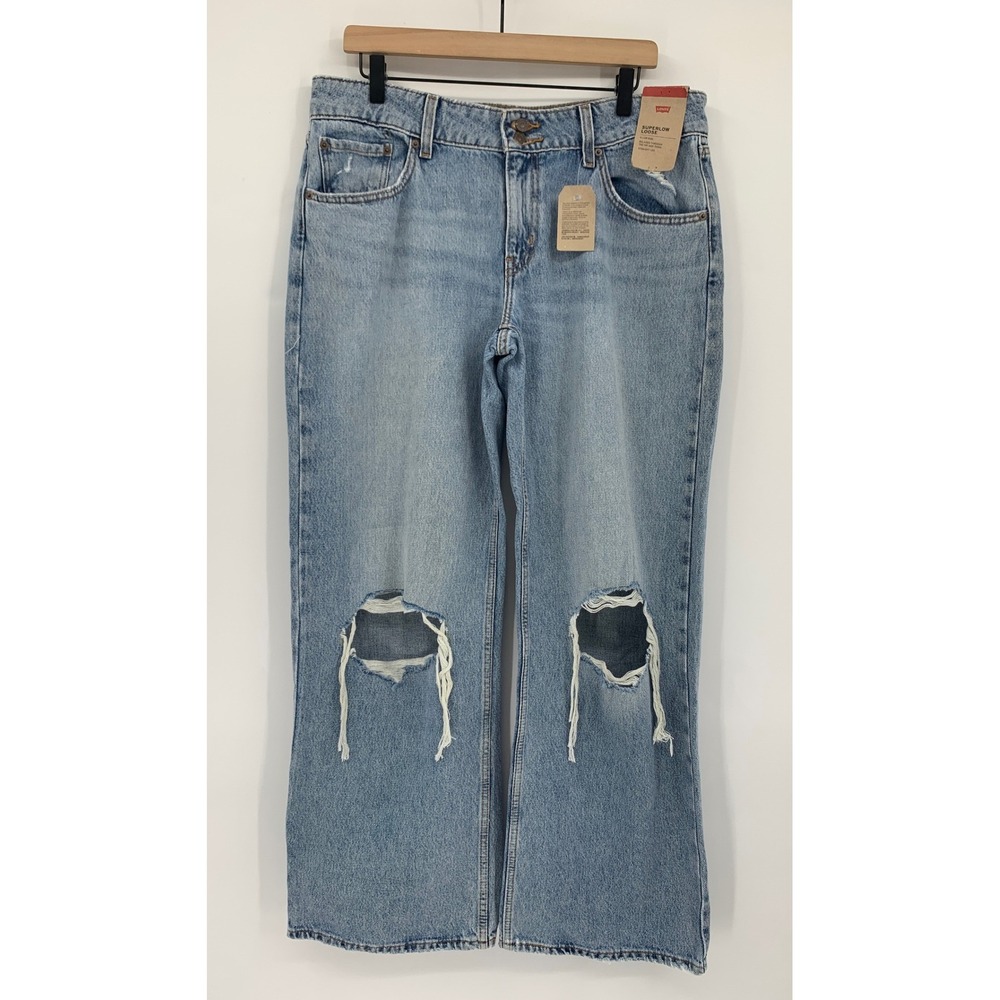 Levis Superlow Loose Jeans Womens 32 Blue Distressed Wide Leg Denim NEW